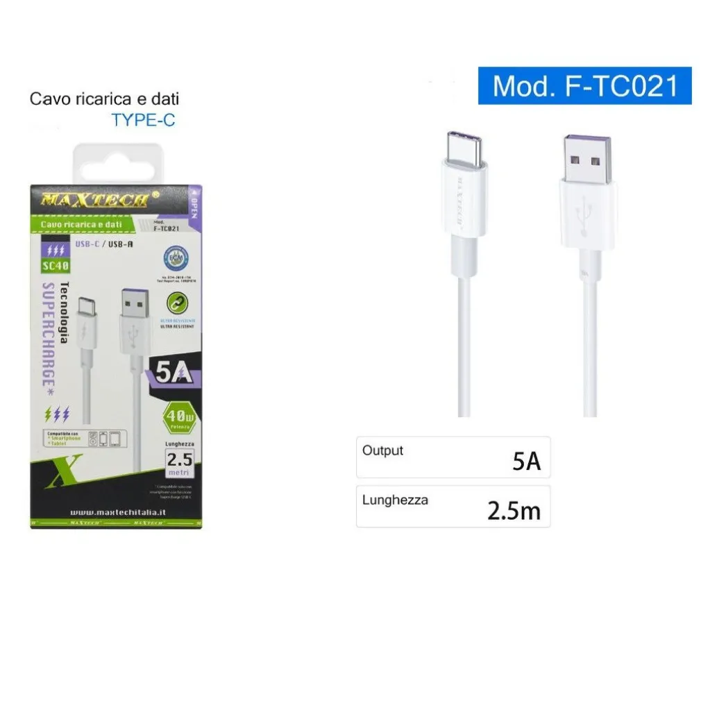 CAVO TYPE-C USB 2.5MT SUPERCHARGE RICARICA RAPIDA 5A DATI PER SMARTPHONE F-TC021