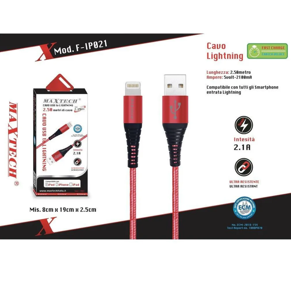 CAVO USB A LIGHTNING PER SMARTPHONE 2.1A 2.5MT TRASMISSIONE DATI MAXTECH F-IP021