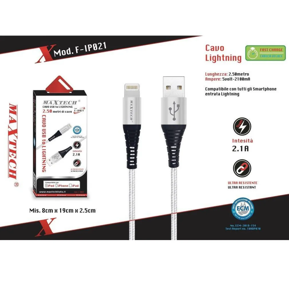 CAVO USB A LIGHTNING PER SMARTPHONE 2.1A 2.5MT TRASMISSIONE DATI MAXTECH F-IP021