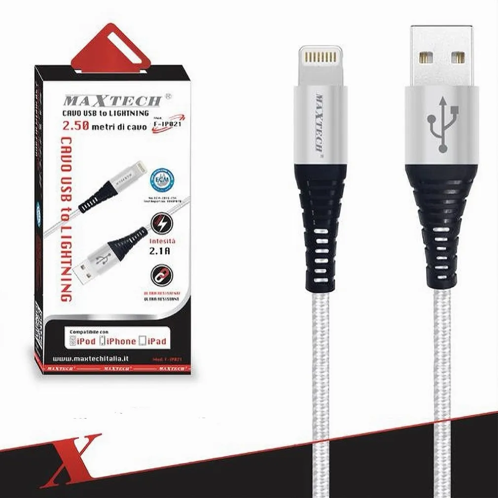 CAVO USB A LIGHTNING PER SMARTPHONE 2.1A 2.5MT TRASMISSIONE DATI MAXTECH F-IP021