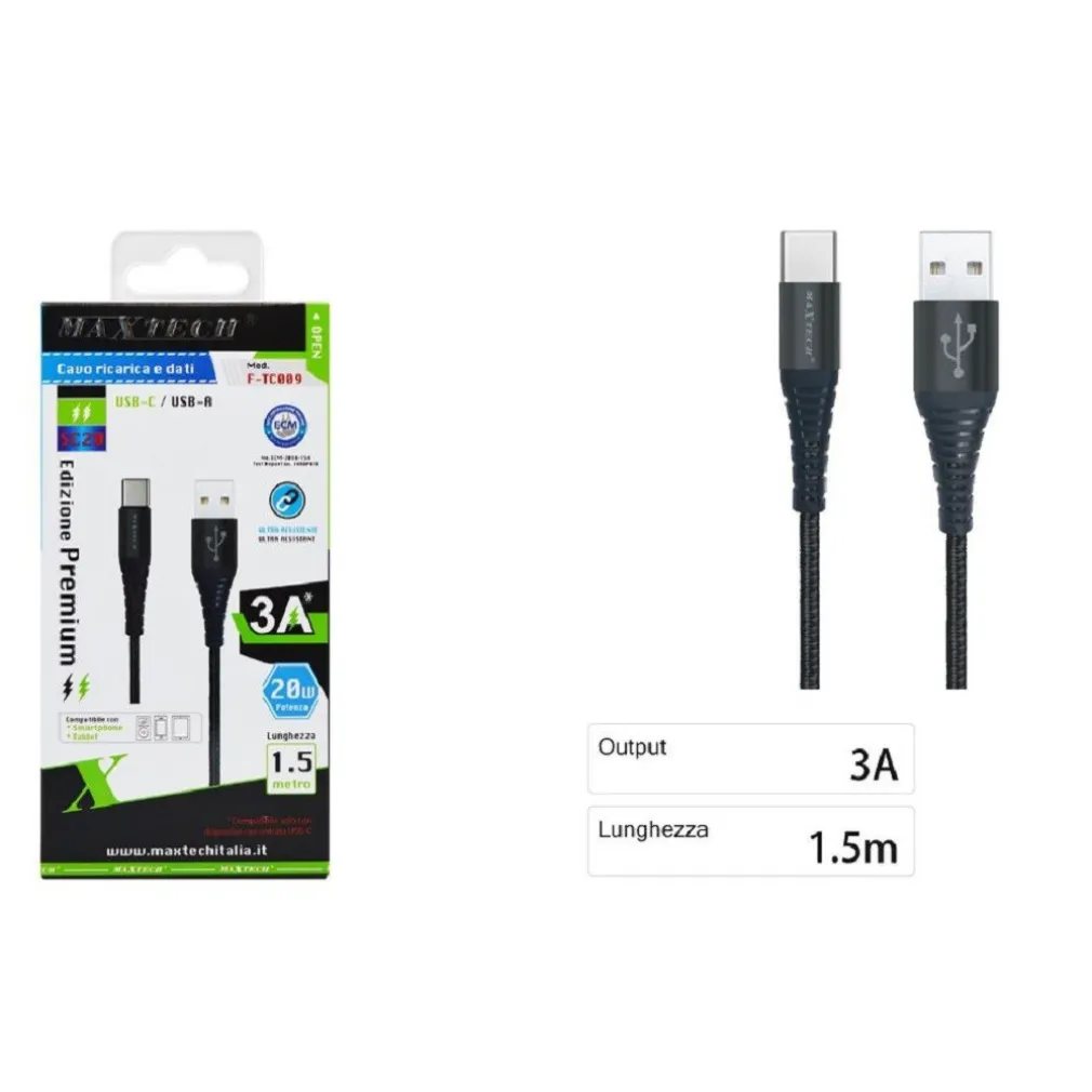 CAVO USB A TYPE C DATI RICARICA PER SAMSUNG HUAWEI 1.5 METRI 3A MAXTECH F-TC009