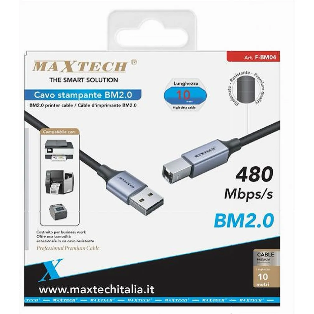 CAVO USB BM2.0 MASCHIO 480MBPS 10 MT COMPATIBILE STAMPANTE ETICHETTATRICE F-BM04