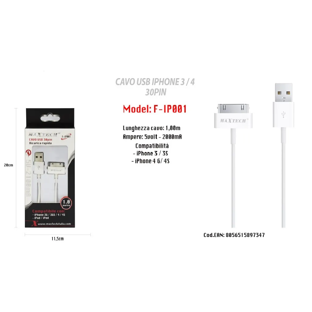 CAVO USB DATI PER APPLE 30 PIN IPHONE 3 / 3S / 4G / 4S IPAD IPOD MAXTECH F-IP001