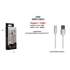 CAVO USB DI RICARICA SIMPLY USB 3.0 DA 1MT AMPERE CELLULARE 5V-2000MA MAXTECH F-TC001