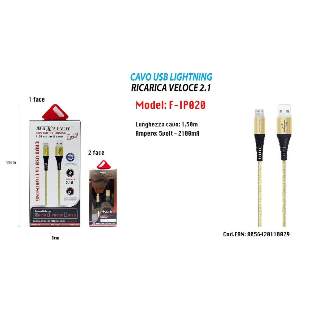 CAVO USB 1,5MT CARICABATTERIA USB 2.1 LIGHTNING IPHONE IPAD IPOD MAXTECH F-IP020