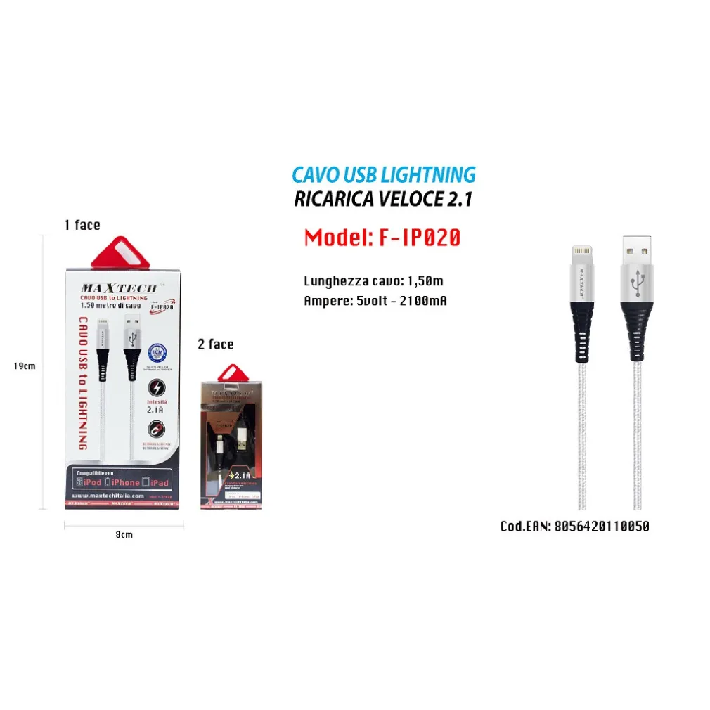 CAVO USB 1,5MT CARICABATTERIA USB 2.1 LIGHTNING IPHONE IPAD IPOD MAXTECH F-IP020