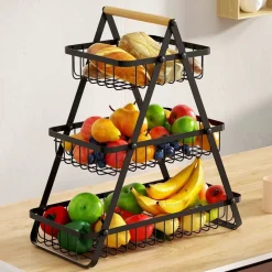 CESTINO PORTA FRUTTA RETTANGOLARE A 3 RIPIANI CON MANICO LEGNO DECORAZIONE CUCINA CASA
