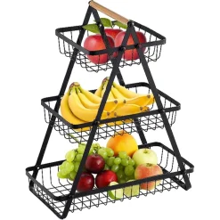 CESTINO PORTA FRUTTA RETTANGOLARE A 3 RIPIANI CON MANICO LEGNO DECORAZIONE CUCINA CASA