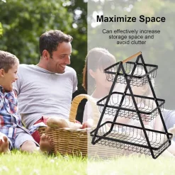 CESTINO PORTA FRUTTA RETTANGOLARE A 3 RIPIANI CON MANICO LEGNO DECORAZIONE CUCINA CASA