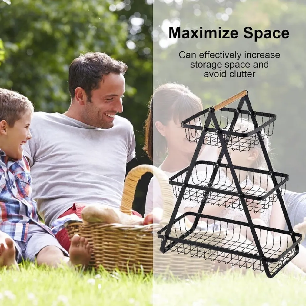 CESTINO PORTA FRUTTA RETTANGOLARE A 3 RIPIANI CON MANICO LEGNO DECORAZIONE CUCINA CASA