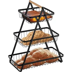 CESTINO PORTA FRUTTA RETTANGOLARE A 3 RIPIANI CON MANICO LEGNO DECORAZIONE CUCINA CASA