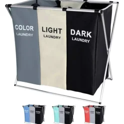 CESTO BIANCHERIA 3 SCOMPARTI PORTABIANCHERIA PIEGHEVOLE IN METALLO E TESSUTO