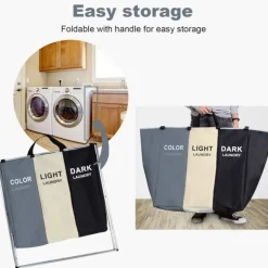 CESTO BIANCHERIA 3 SCOMPARTI PORTABIANCHERIA PIEGHEVOLE IN METALLO E TESSUTO