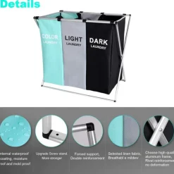 CESTO BIANCHERIA 3 SCOMPARTI PORTABIANCHERIA PIEGHEVOLE IN METALLO E TESSUTO