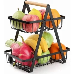 CESTO IN METALLO 2 LIVELLI PORTATILE CUCINA SCAFFALE DOCCIA FRUTTA VERDURE BAGNO
