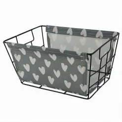 CESTO PORTA OGGETTI IN FERRO TESSUTO STAMPA A CUORI CON MANICI 30X20X15 CM 10618