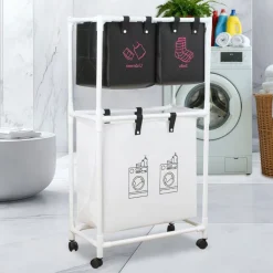 CESTO PORTABIANCHERIA SPORCA MULTIFUNZIONE A 2 STRATI CON RUOTE CARRELLO PORTATILE LAVAGGI