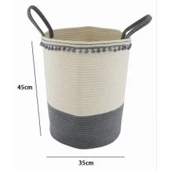 CESTO PORTAOGGETTI PER BIANCHERIA IN CORDA PONPON GRIGI CON MANICI 35X45CM 10672