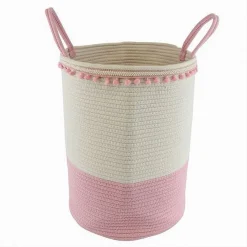 CESTO PORTAOGGETTI PER BIANCHERIA IN CORDA PON PON ROSA CON MANICI 35X45CM 10668