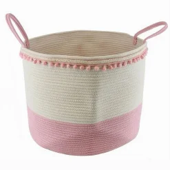 CESTO PORTAOGGETTI PER BIANCHERIA IN CORDA PON PON ROSA CON MANICI 50X35CM 10669