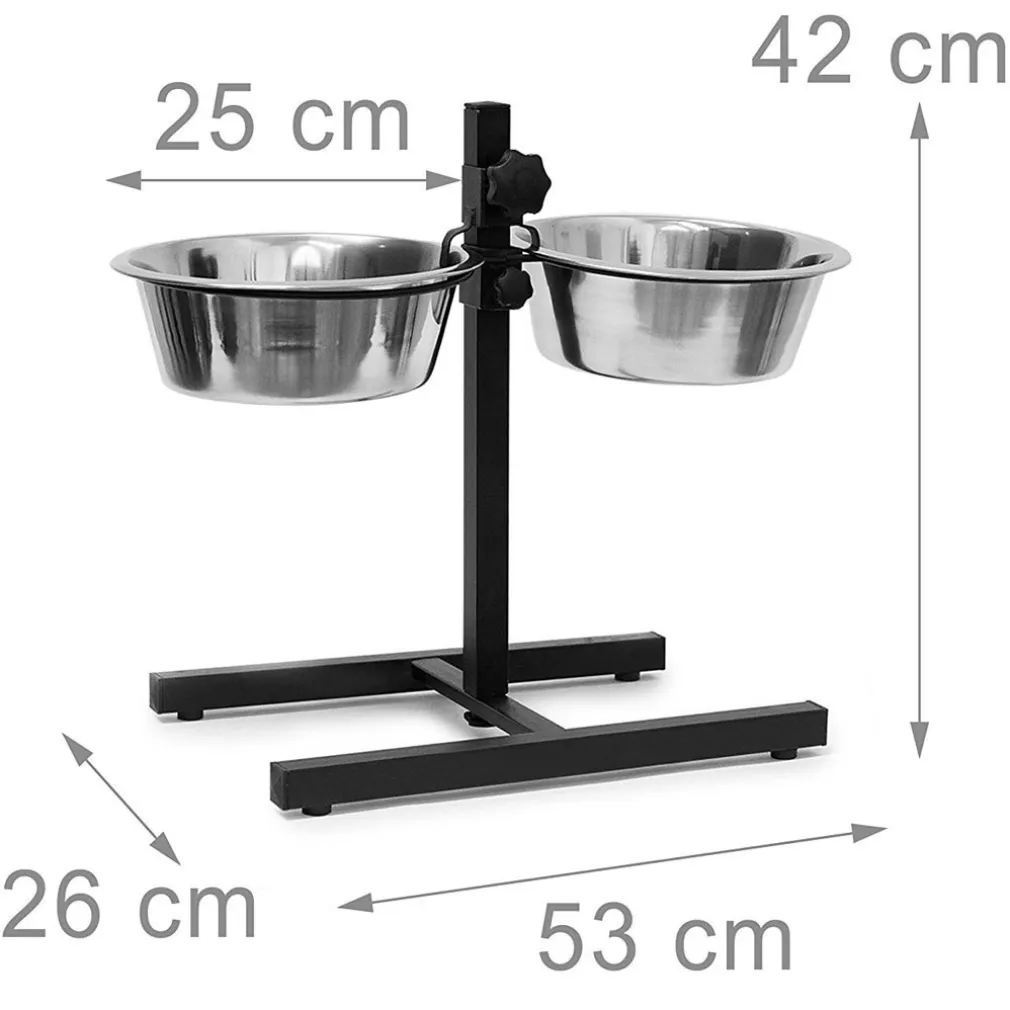 CIOTOLA DOPPIA CANI CON SUPPORTO REGOLABILE 2 SCODELLE ACCIAIO STRUTTURA METALLO