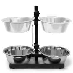 CIOTOLA DOPPIA CANI CON SUPPORTO REGOLABILE 2 SCODELLE ACCIAIO STRUTTURA METALLO