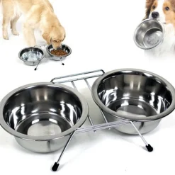 CIOTOLA DOPPIA PER CANI 16 CM CON SUPPORTO CIBO ACQUA CROCCHETTE ACCIAIO