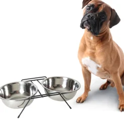 CIOTOLA DOPPIA RIALZATA PER CANI 2 PER 22CM CON SUPPORTO CIBO ACQUA IN METALLO