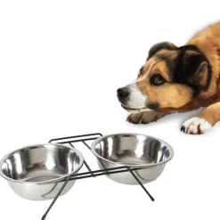 CIOTOLA DOPPIA RIALZATA PER CANI 2 PER 14CM CON SUPPORTO CIBO ACQUA IN METALLO