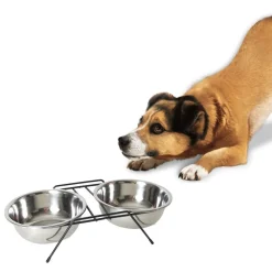 CIOTOLA DOPPIA RIALZATA PER CANI 2 PER 14CM CON SUPPORTO CIBO ACQUA IN METALLO