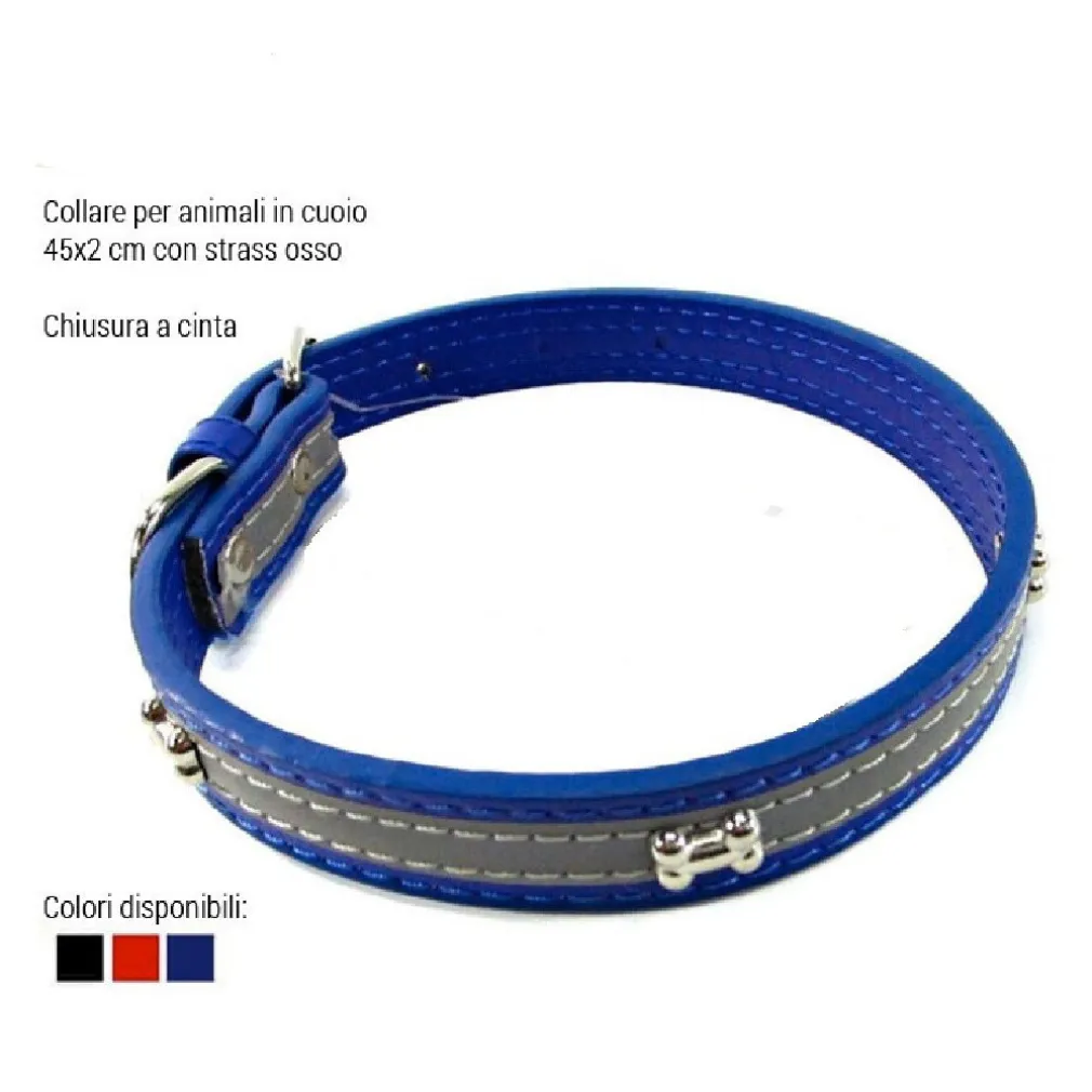 COLLARE PER CANI CUCCIOLI GATTI ANIMALI IN CUOIO 45 CM VARI COLORI STRASS OSSO
