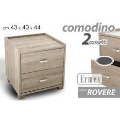 COMODINO CAMERA LETTO MODERNO 2 CASSETTI LEGNO ROVERE 44X43X40CM MOBILE 623462