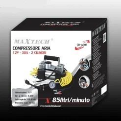 COMPRESSORE ARIA PORTATILE 85LT/MIN 12V SILENZIATO 30A 10BAR AUTO MOTO MAXTECH CO-AR01