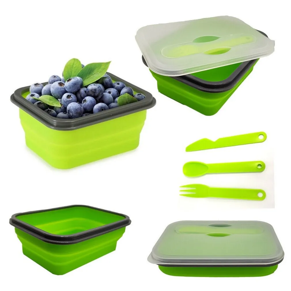 CONTENITORE CIBO PIEGHEVOLE SILICONE SCATOLA PORTA PRANZO POSATE LAVORO