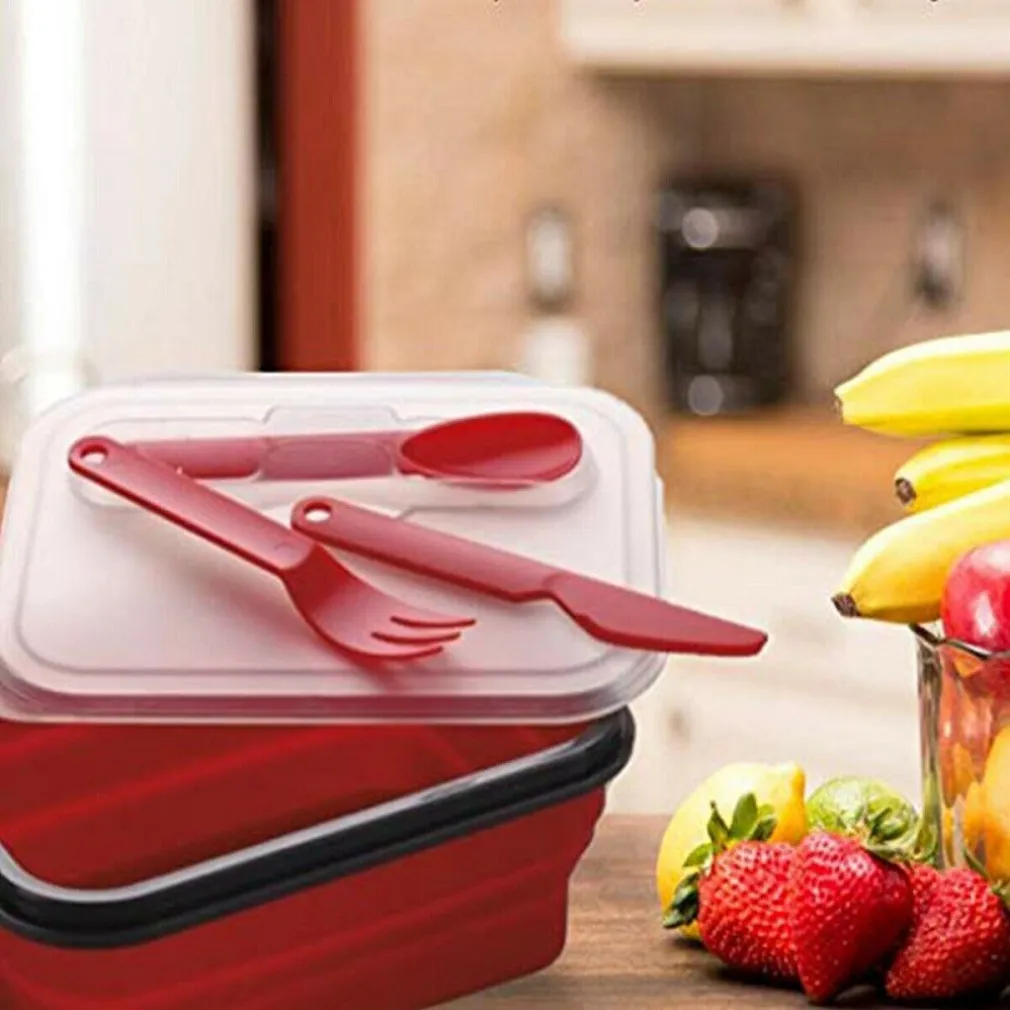 CONTENITORE CIBO PIEGHEVOLE SILICONE SCATOLA PORTA PRANZO POSATE LAVORO