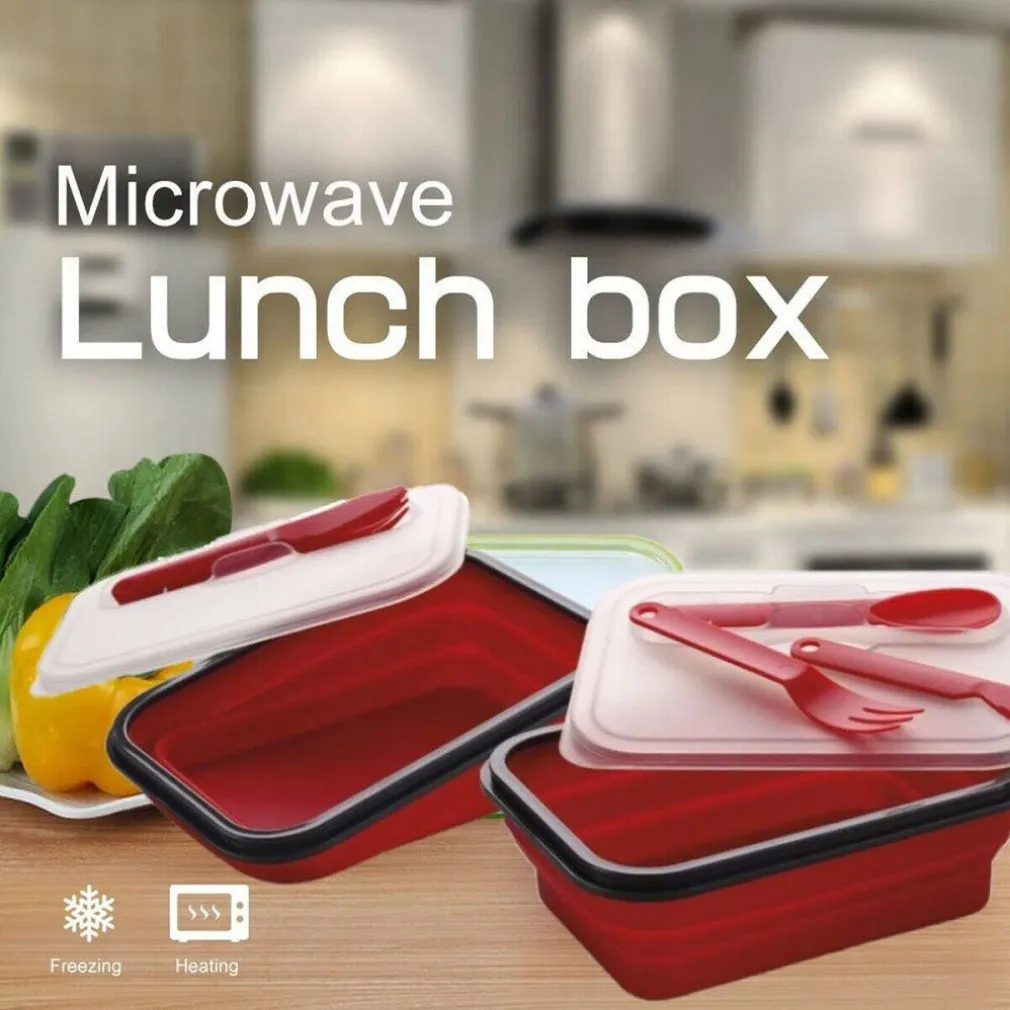 CONTENITORE CIBO PIEGHEVOLE SILICONE SCATOLA PORTA PRANZO POSATE LAVORO