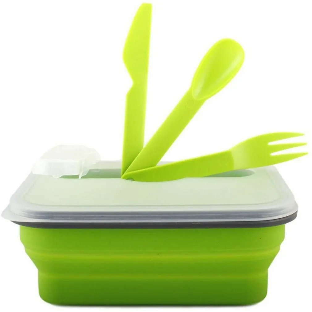 CONTENITORE CIBO PIEGHEVOLE SILICONE SCATOLA PORTA PRANZO POSATE LAVORO