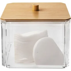 CONTENITORE ORGANIZER COSMETICI TOELETTA QUADRATO TRASPARENTE CON COPERCHIO IN LEGNO 10826