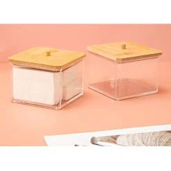 CONTENITORE ORGANIZER COSMETICI TOELETTA QUADRATO TRASPARENTE CON COPERCHIO IN LEGNO 10826