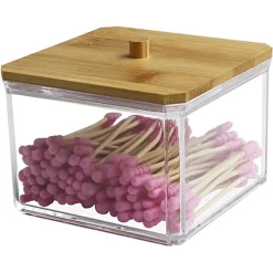CONTENITORE ORGANIZER COSMETICI TOELETTA QUADRATO TRASPARENTE CON COPERCHIO IN LEGNO 10826