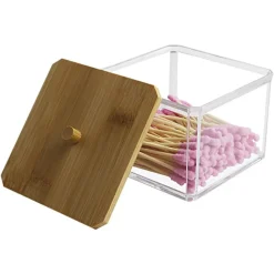 CONTENITORE ORGANIZER COSMETICI TOELETTA QUADRATO TRASPARENTE CON COPERCHIO IN LEGNO 10826