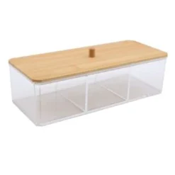 CONTENITORE ORGANIZER PER COSMETICI A 3 SCOMPARTI TRASPARENTE CON COPERCHIO IN LEGNO 10827