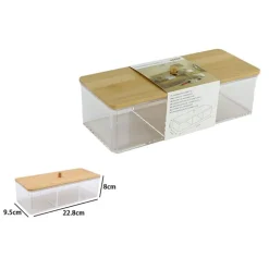 CONTENITORE ORGANIZER PER COSMETICI A 3 SCOMPARTI TRASPARENTE CON COPERCHIO IN LEGNO 10827