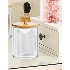 CONTENITORE PORTA DISCHETTI STRUCCANTI TRASPARENTE CON COPERCHIO IN LEGNO 7.1X10.3CM 10822