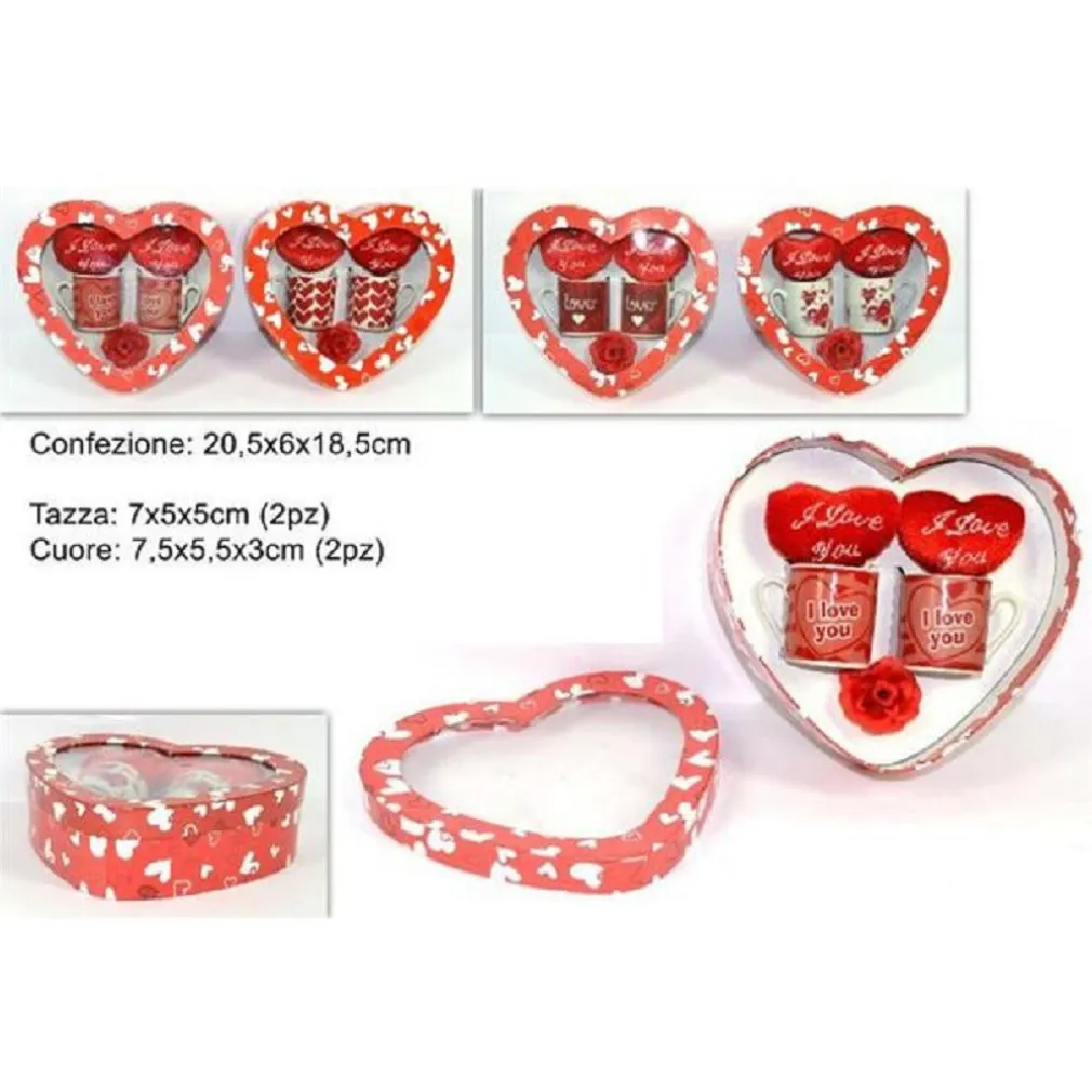 COPPIA TAZZINE CON PELUCHE CUORE I LOVE YOU REGALO SAN VALENTINO 4 MODELLI ASS.