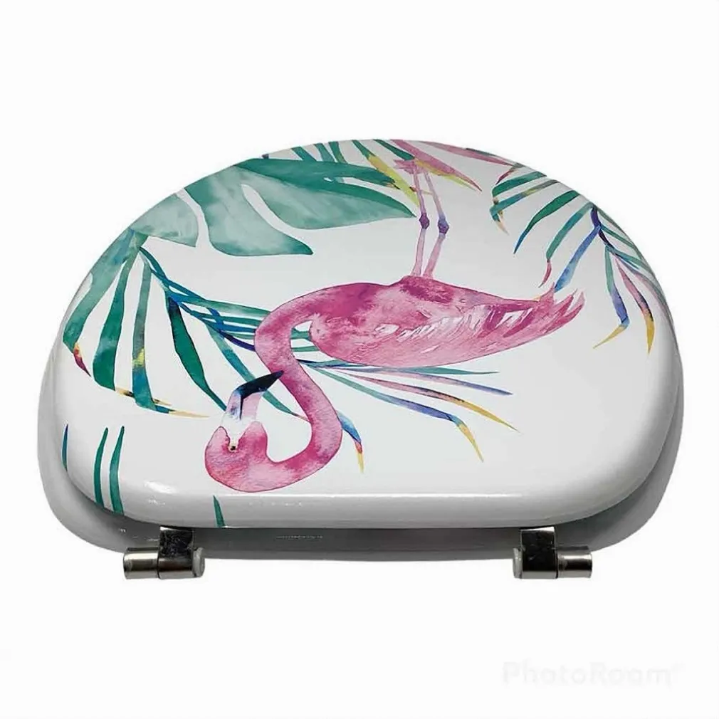 COPRIWATER IN LEGNO MDF TAVOLETTA BAGNO WC CON STAMPA FENICOTTERI CERNIERE 59126