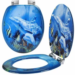 COPRIWATER UNIVERSALE CON STAMPA DELFINI OCEANO COPRI TAVOLETTA WC BAGNO LEGNO