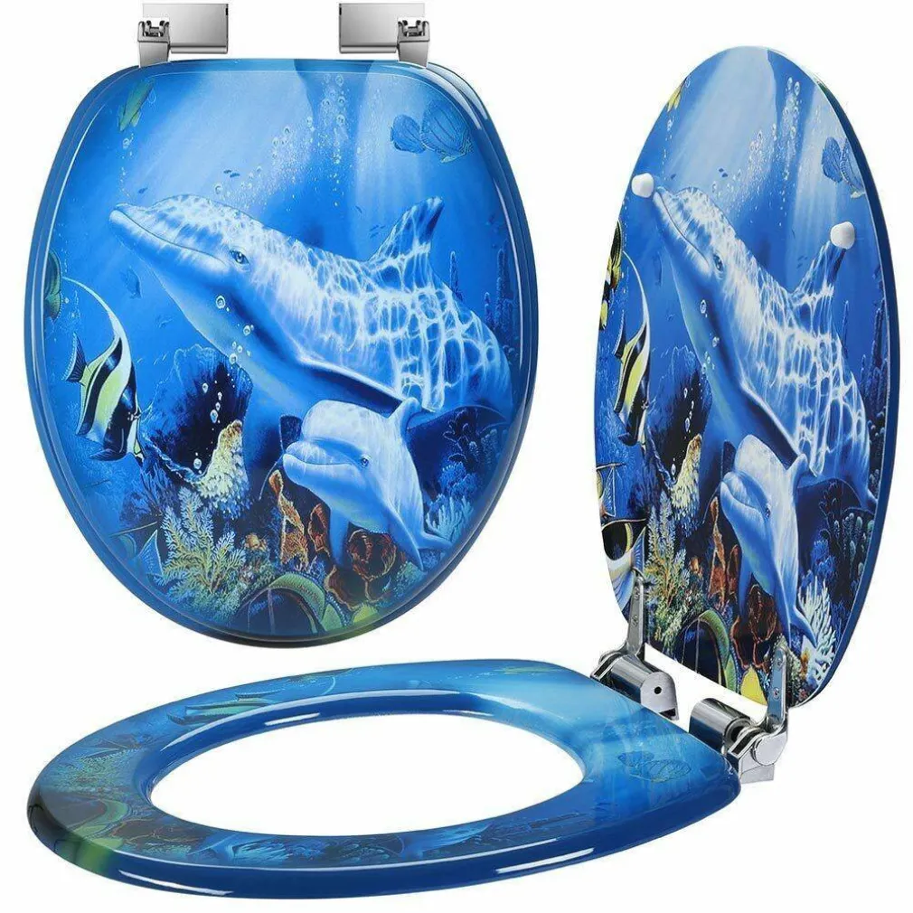 COPRIWATER UNIVERSALE CON STAMPA DELFINI OCEANO COPRI TAVOLETTA WC BAGNO LEGNO