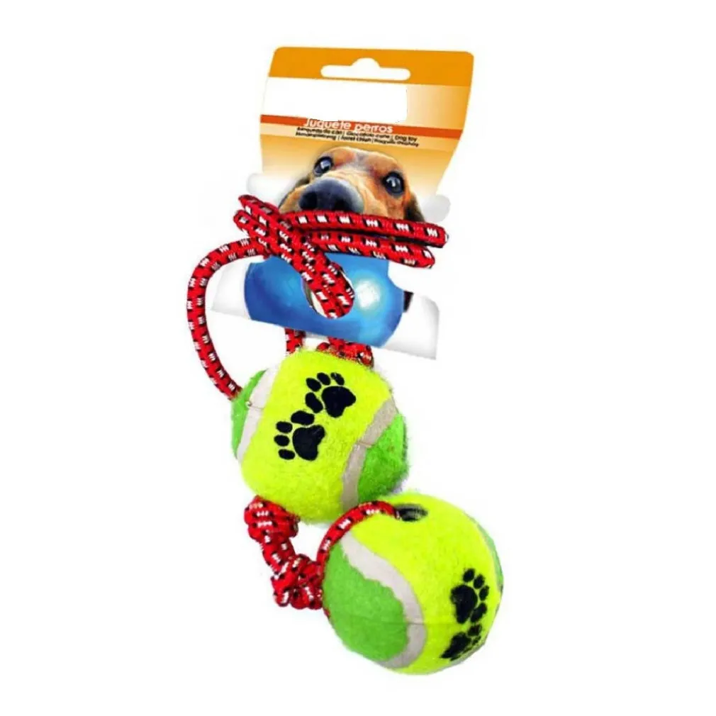 CORDA CON 2 PALLINE TENNIS GIOCO ADDESTRAMENTO CANI E GATTI GIOCATTOLO ANIMALI