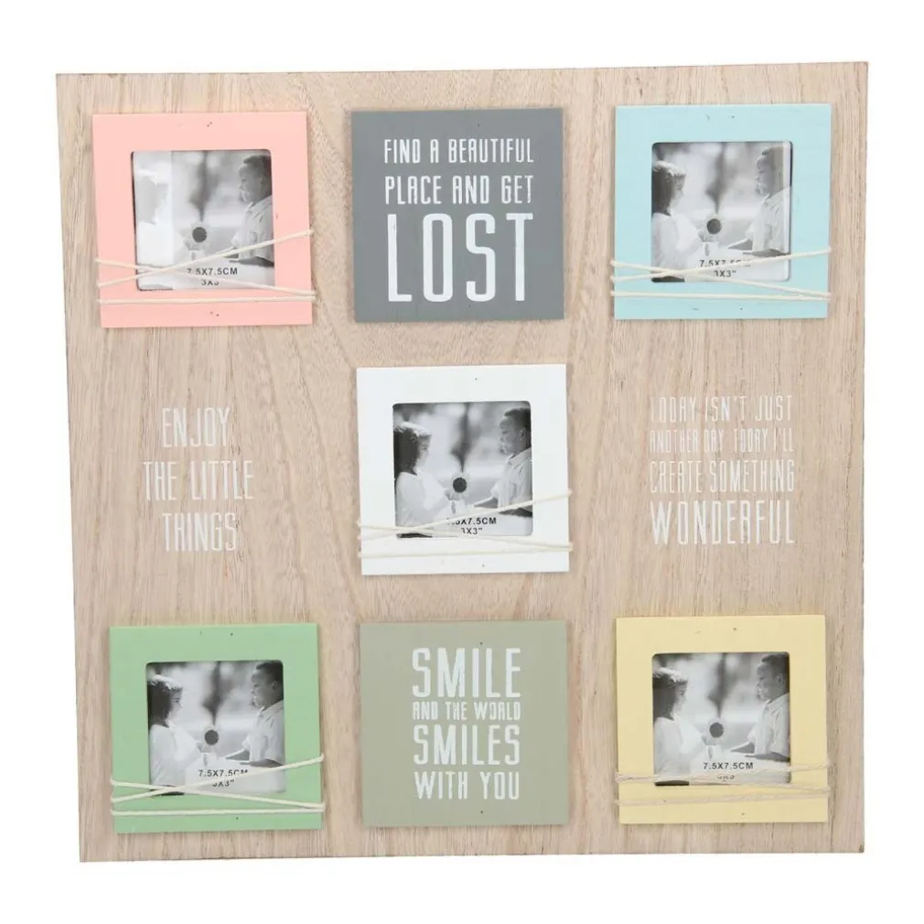 CORNICE QUADRO PORTA FOTO DA PARETE VINTAGE MDF 5 POSTI CON FRASI LEGNO 38X38 CM